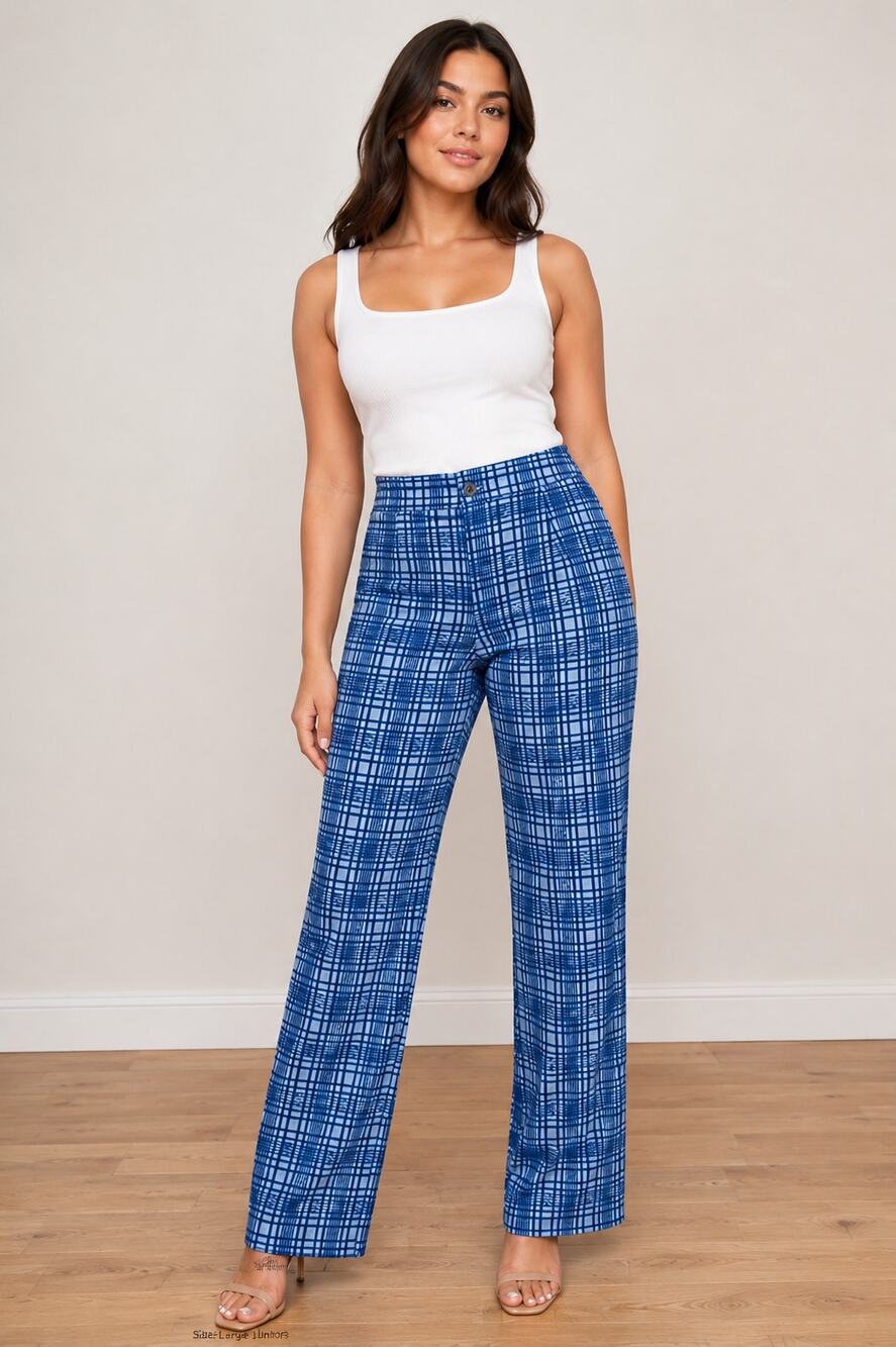 Romwe Blue Windowpane Print Wide Leg Pants Women's Jr L High Rise Polyester